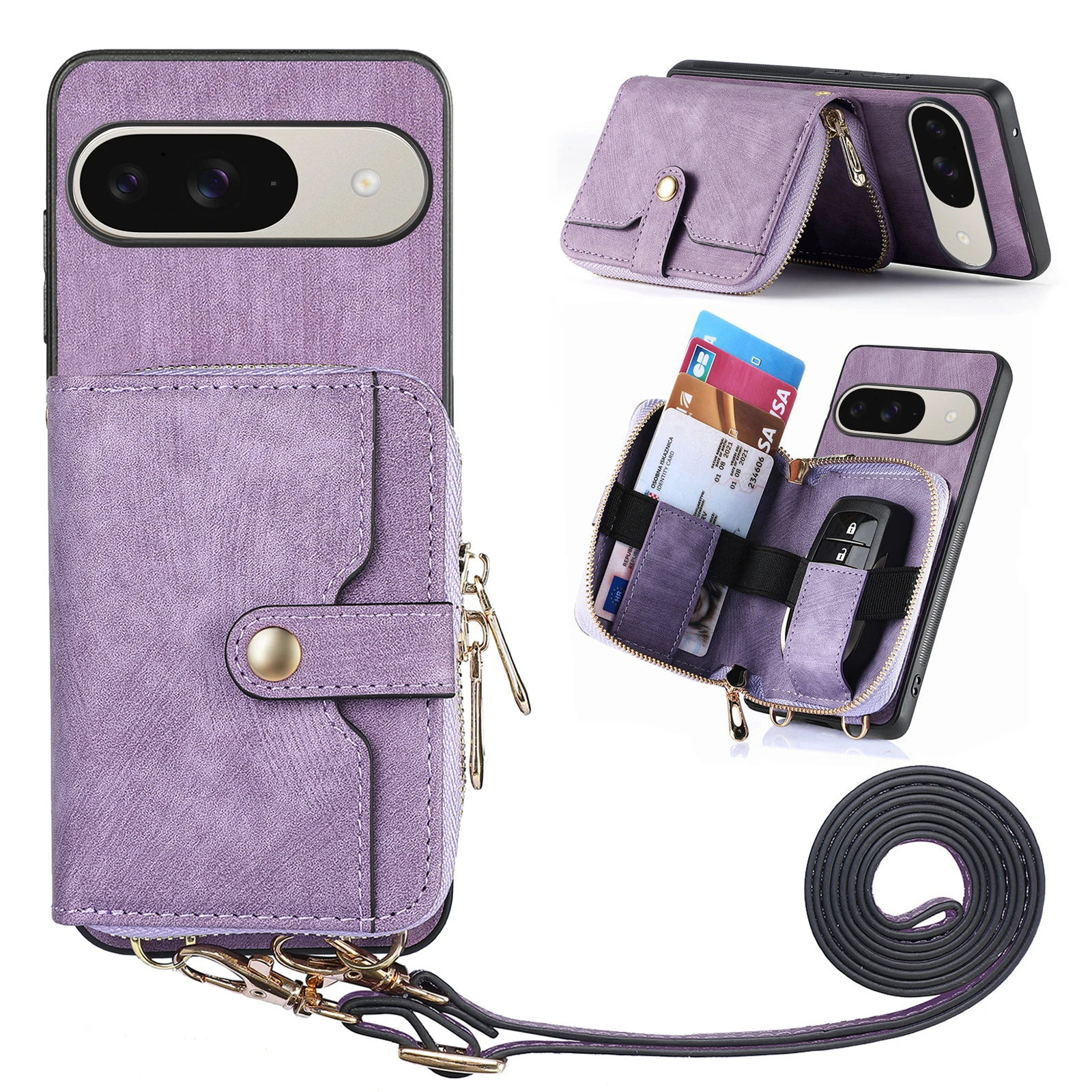 

Для Google Pixel 10 Pro/10/9 Pro/9 задняя крышка для телефона из искусственной кожи с держателем для карт на молнии и длинным ремешком - фиолетовый