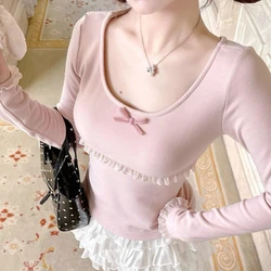 Autumn Winter New Sweet Pink Blouse Women Bow Crewneck Long Sleeve Underneath Base Layer Tops Japanese Kawaii Slim Clothes 2025