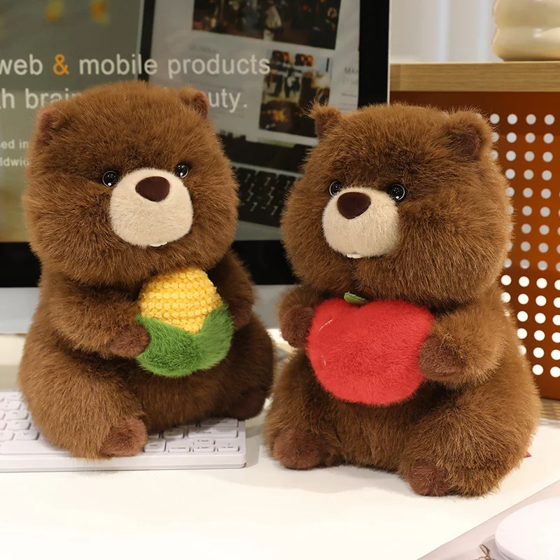 25-50cm Brown Groundhog Holds Apple Corn  Fruits Vegetables Plush Animals Dolls Pillow Super Soft Toys Home Decoration Gifts