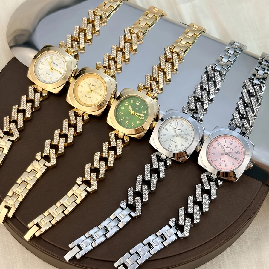 Classic Square-Bezel Round Dial Diamond-Accented Flexible Strap Gold Watch for Woman