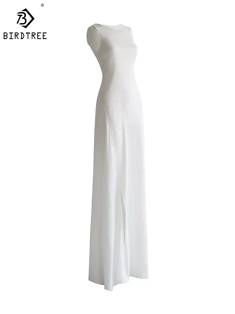 BirdTree 60% Mulberry Silk Dresses For Women, Sleeveless White Elastic Long, Slim High End Party Dress, 2024 Summer D43555QM