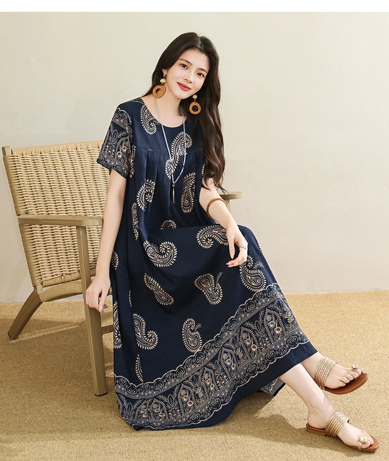 New 2025 Summer Dress For Women Plus Size Dress Casual Short Sleeve Boho Vintage Print Long Maxi Dress Beach Women Clothing