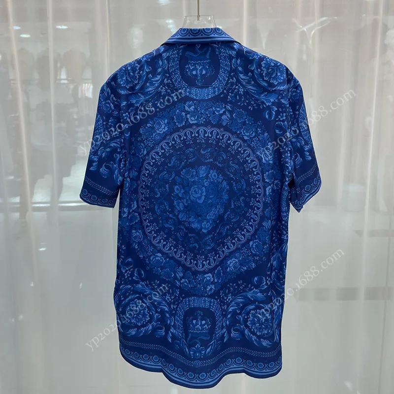 Luxury Royal Blue Shirts for Men Clothing Casual Short Sleeve Social Paisley Floral Digital Printing Shirt Chemise Homme De Luxe