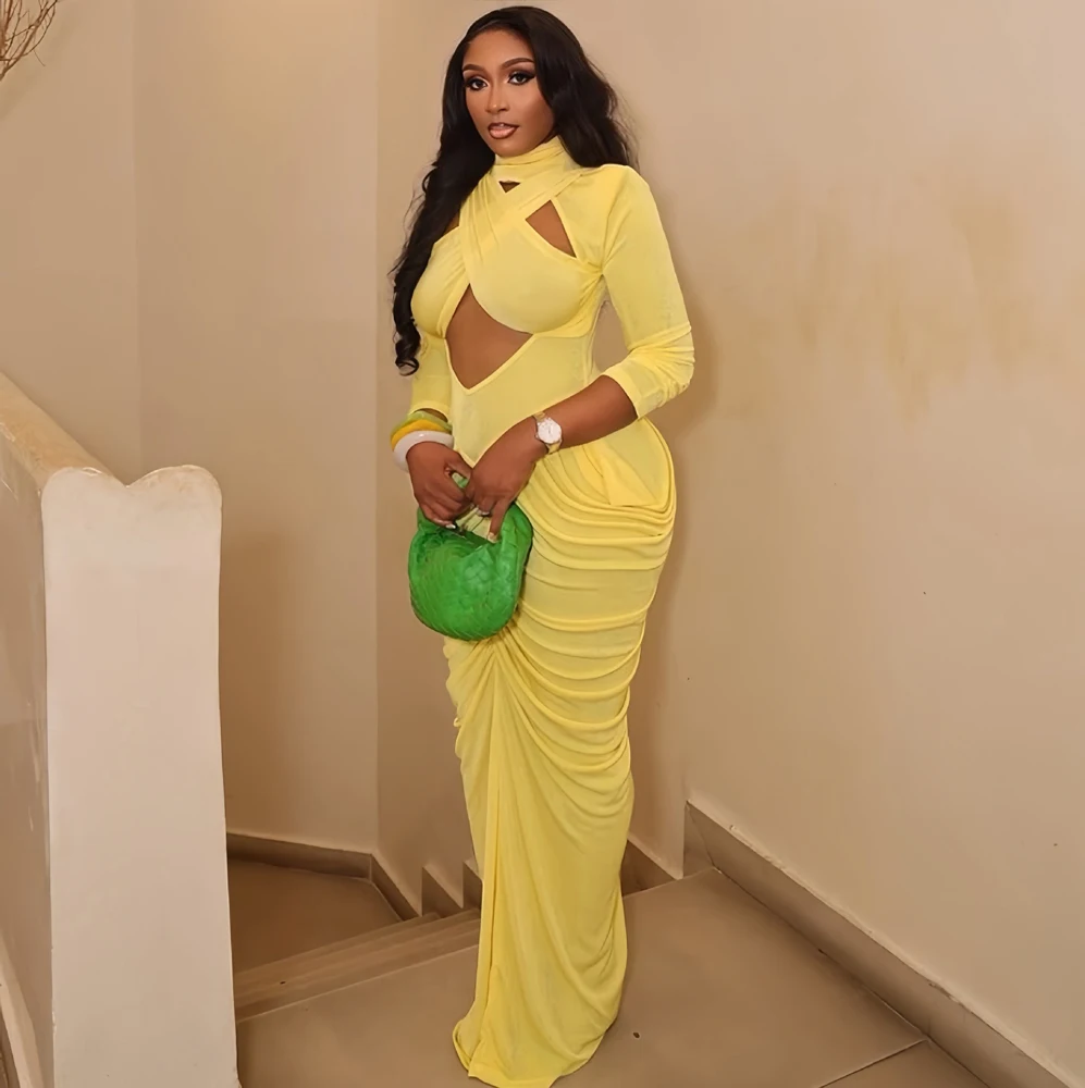 Women's High Neck Solid Full Sleeve Hollow Out Ruched Maxi Dress New Arrivals 2026 Streetwear Sexy Party Birthday Long Dresses - Image 3