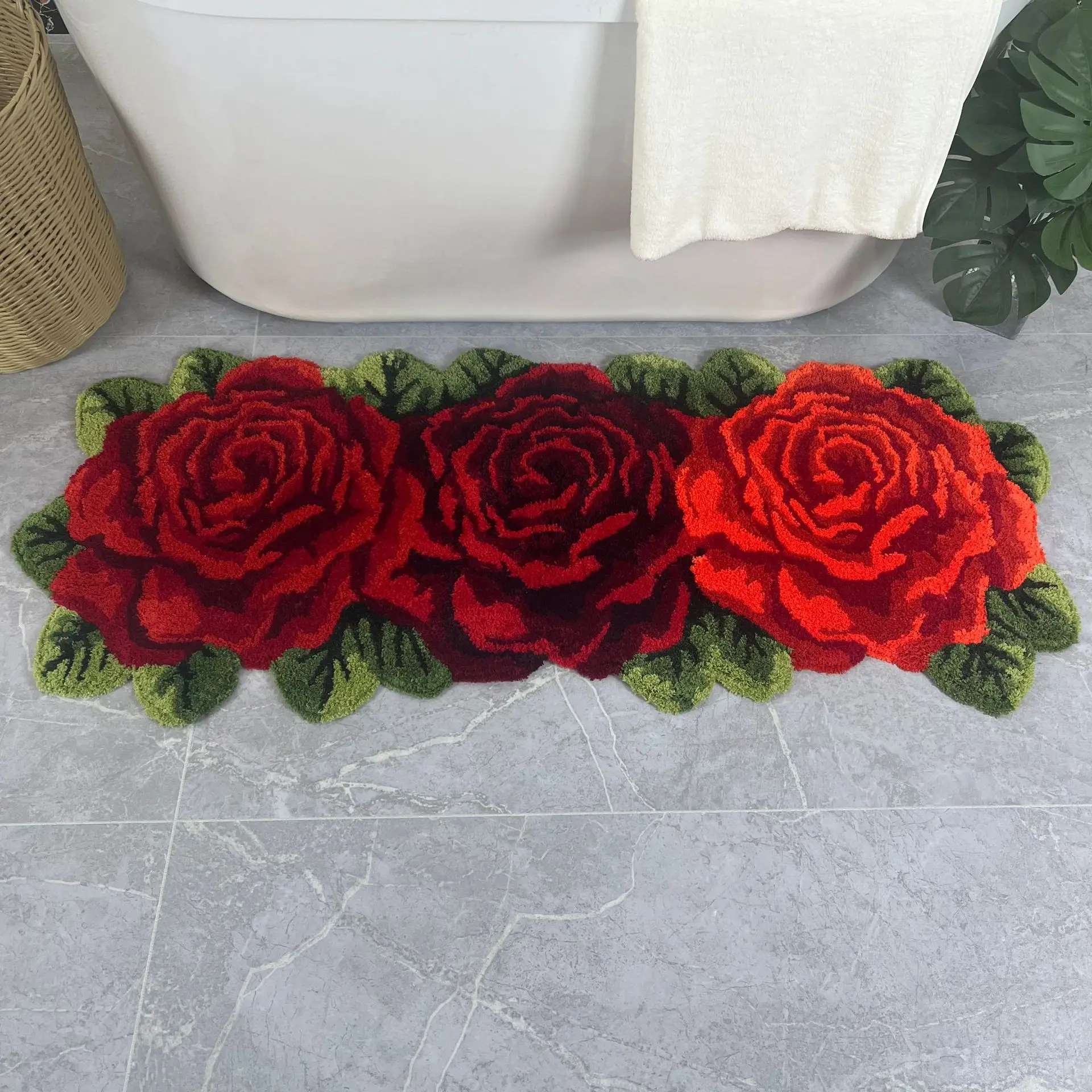 Non-slip Hand Woven Roses Wedding Decor Art Rug Tufted Carpet 3D Art Mat for Bedroom Bedside Living Room Rugs Kitchen Doormat