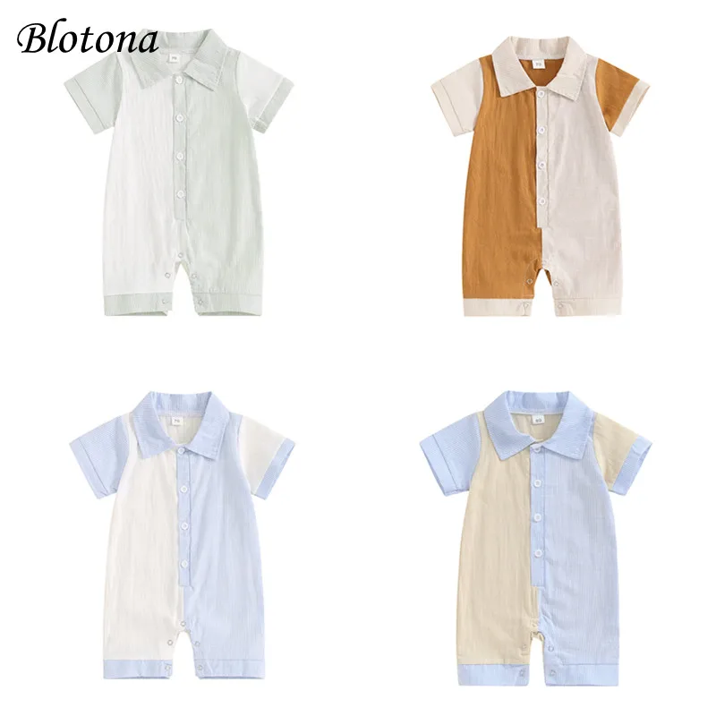 

Blotona Baby Boy Jumpsuit Summer Short Sleeve Lapel Collar Stripes Print Romper Newborn Playsuit