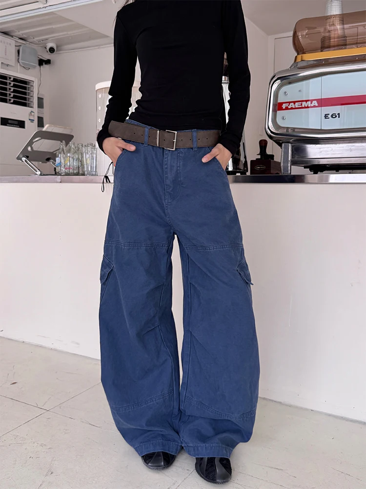 

Брюки рабочие URKR класса люкс, свободные, широкие, повседневные, унисекс, длиной в пол, синие, французский стиль, на резинке