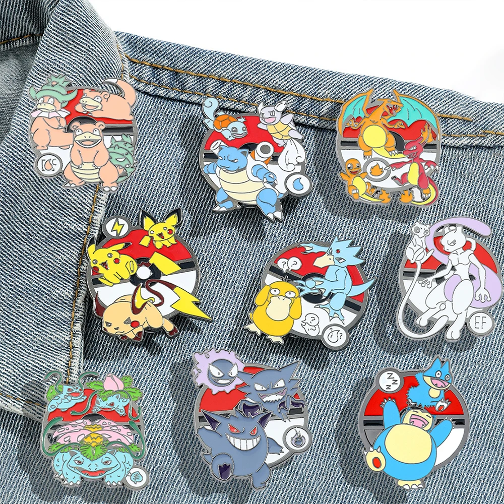 Pokemon Enamel Brooches Anime Pokémon Pikachu Charmander Gengar Eevee Mewtwo Cute Action Figure Model Metal Badges Lapel Pins