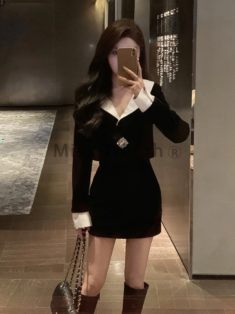 Winter Vintage Elegant 2 Piece Set Women Turn-down Collar Y2k Retro Skirt Suit Female Korean Fashion Solid Casual Chic Set 2023