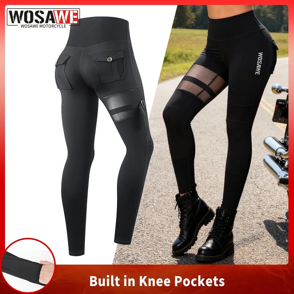 

WOSAWE Women Motorcycle Pants High Waist Sheer Mesh Panel Casual Riding Leggings Sexy Hip Lift Moto Biker Fitness Gym Trousers