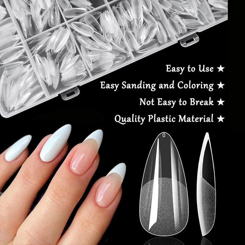 600 Pieces of Almond Nails, 12 Different Sizes of Soft Gel Nail Tips, Pre-Filed Semi-Matte Full Coverage Nail Tips, Acrylic Gel Tip Nail Kit, Press-On Nails for Nail Extension, Nail Art, Home DIY