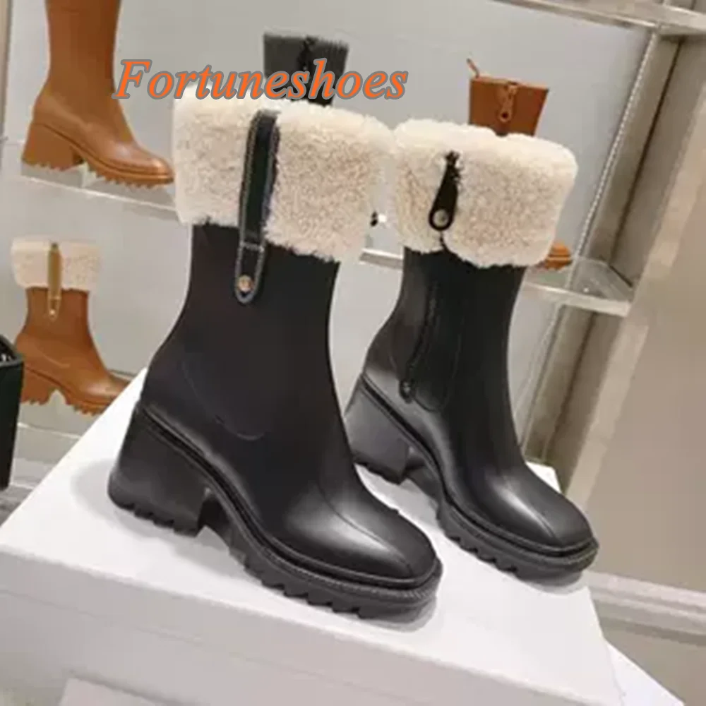 Solid Side Zipper Square Toe Boots Chunky High Heel Button Sewing Mid Calf Patchwork Boots Fashion 2025 Newest Casual Rain Boots