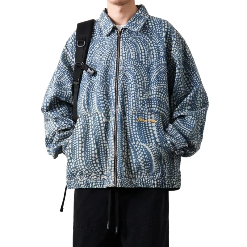 

Мужская универсальная свободная повседневная модная брендовая верхняя одежда унисекс, рабочая одежда в американском стиле ретро, джинсовая куртка с воротником в горошек