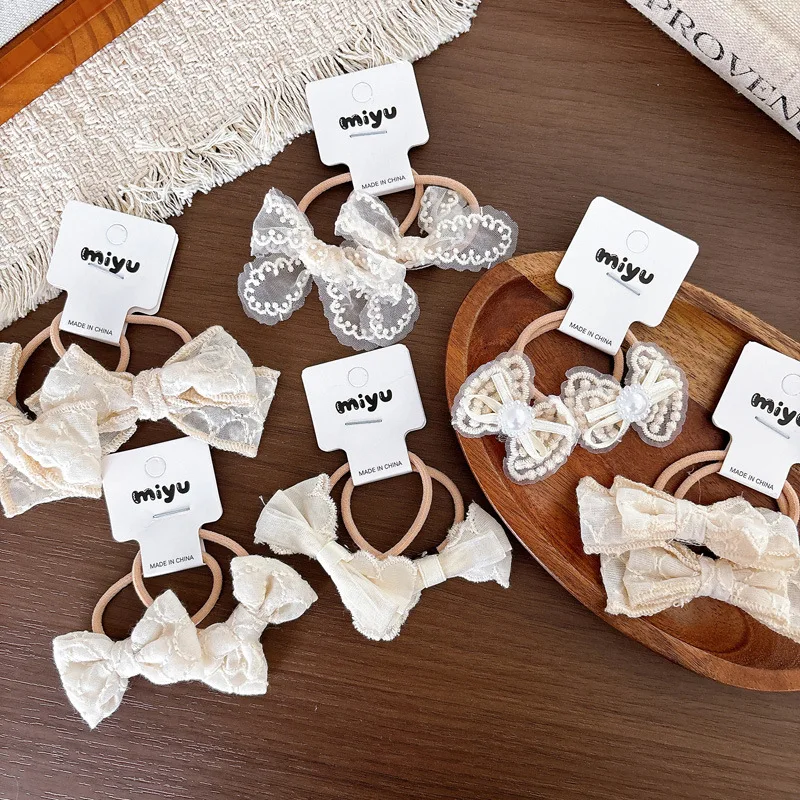 2pcs Korean Style Lace Bow Hairpin Sweet Hair Clips Baby Girl Hair Rope Tie Ponytail Holder Rubber Band Kids Headwear