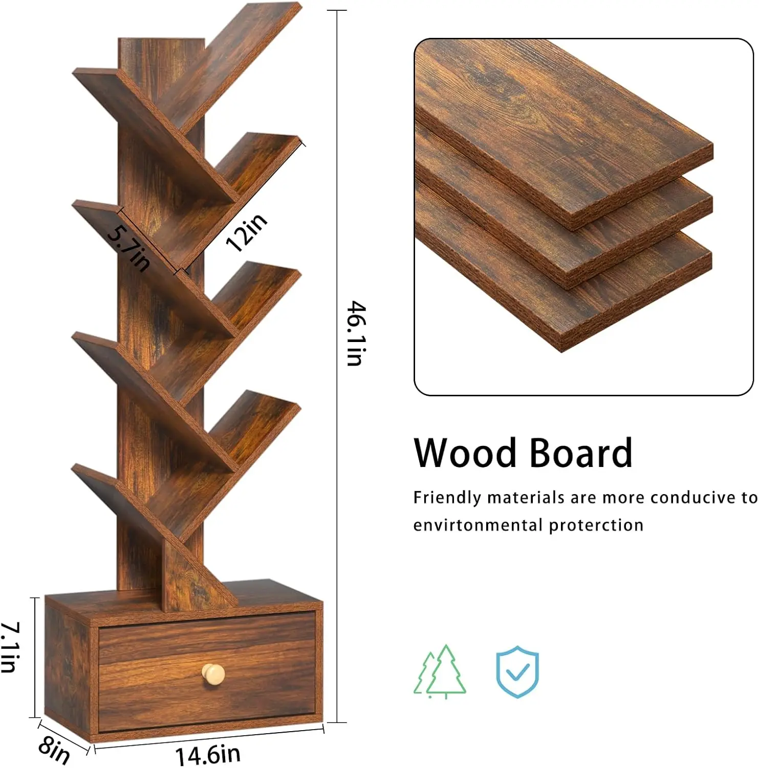 درج، خزانة كتب خشبية قائمة بذاتها للمساحة الضيقة، أرفف كتب منظمة للتخزين للكتب، حافظة كتب، ريفي