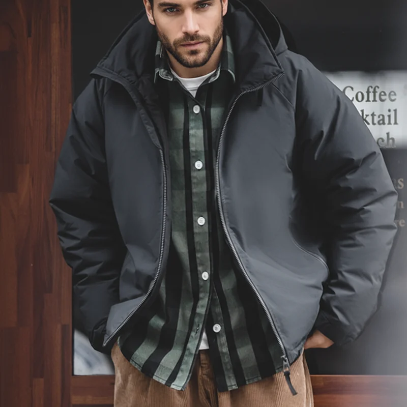 

Maden Hooded Down Jacket for Men Winter Thickened Matte Glossy Fabric Parka Outdoor Warm Coat Versatile Outerwear Black Jacket
