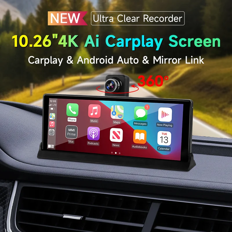 Srnubi 10,26" 350 ° Rotación 4K coche DVR cámara frontal y trasera grabadora de vídeo inalámbrica Carplay Android navegación automática vista trasera