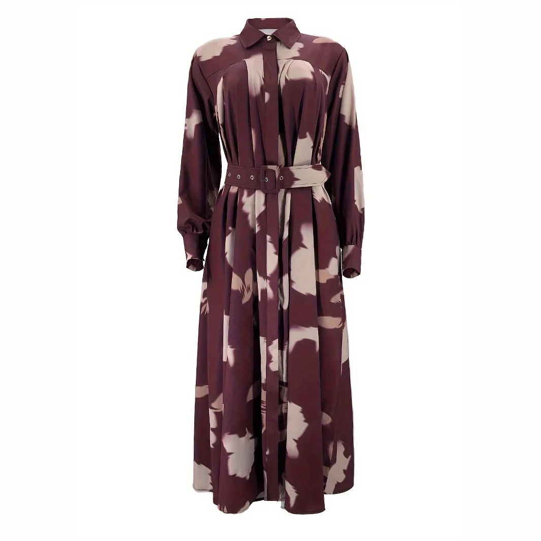 여성을위한 이슬람 abayas 벨트와 턴 다운 칼라 봄 여름 eveing ​​파티 야외 긴 소매 드레스 우아한 사우디 의류