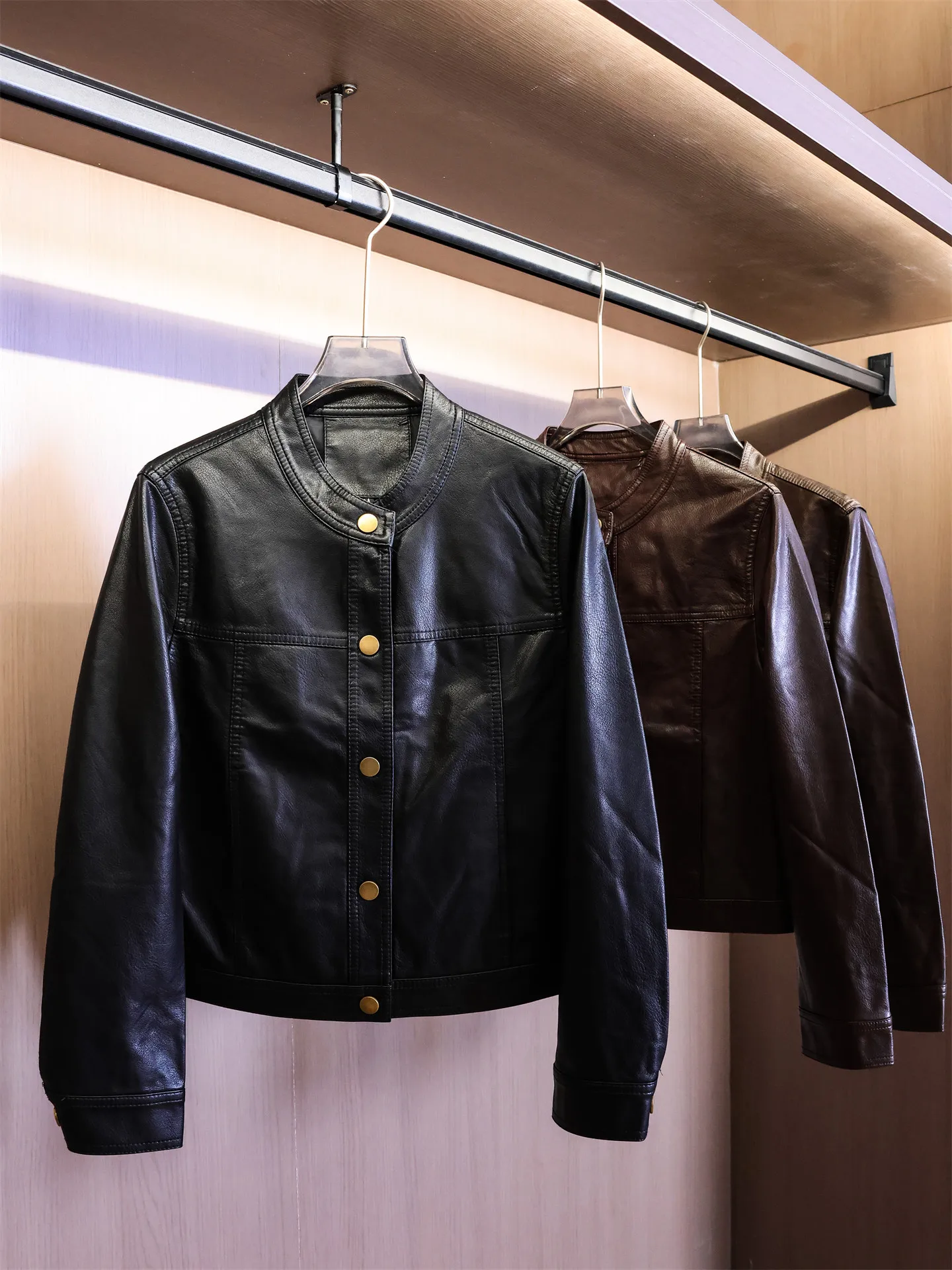 Retro Elegant Simple Stand Collar Single Button Long Sleeve Women's Jacket Slimming Leather Coat Autumn New Style B271