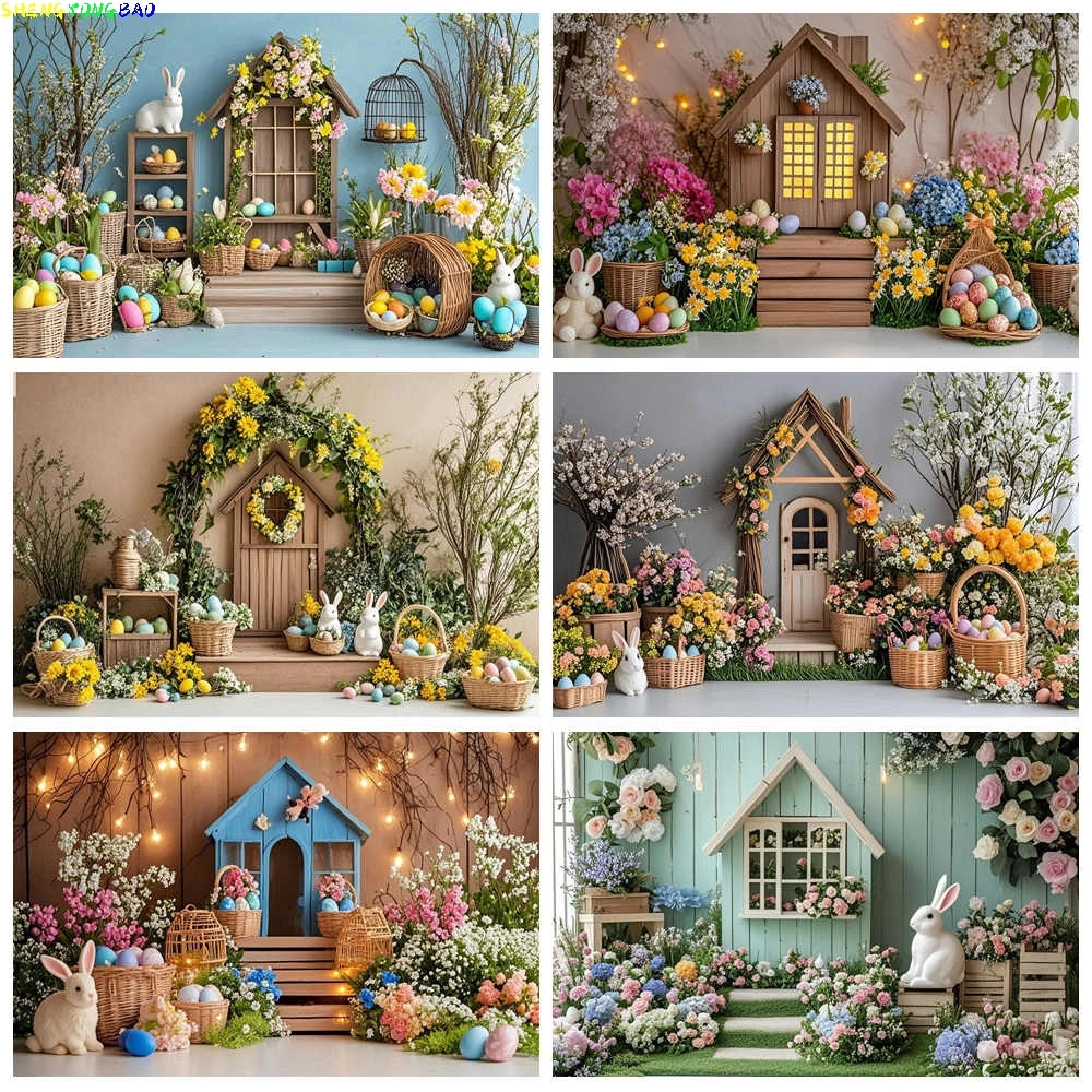

Spring Colorful Floral Rustic Wall Easter Day Background Garden Flowers Birthday Party Rabbit Eggs Photography Backdrop DX-01