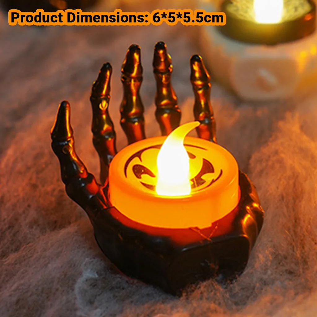 5pcs Halloween Tealight with Skeleton Hand Base Scary Atmosphere Candle Lights Decor Led Night Light for Party Haunted House