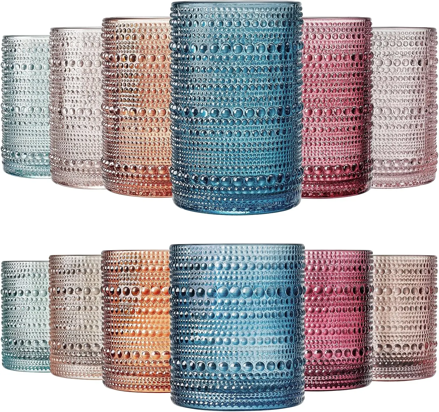 

Beaded Hobnail Drinking Glasses Set | Set of 12 | 6x Tumbler 11 OZ + 6x Highball 12 OZ Bubble Design Whiskey Glassware