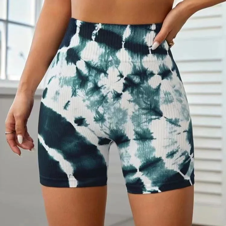 Seamless Tie Dye Yoga Shorts For Women Summer Elastic Scrunch High Waist Push Up Leggings Gym Fitness Running Workout Shorts