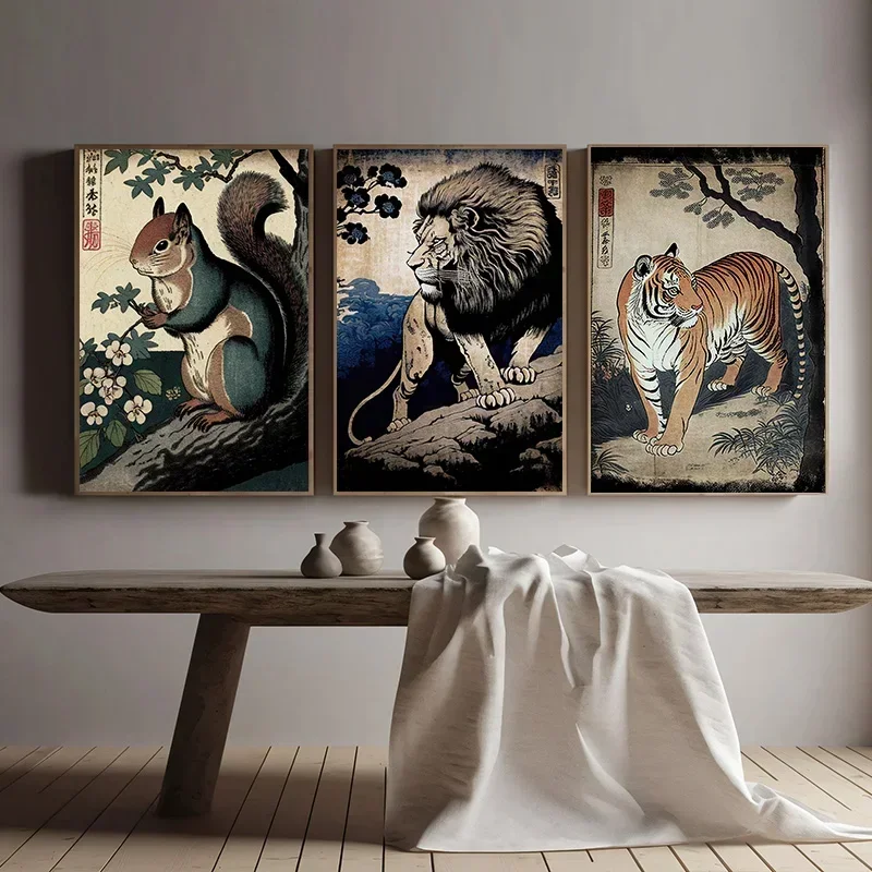 Retro Japanese Animals Ukiyoe Poster Hippo Tiger Eagle Horse Fox Rabbit Penguin Canvas Painting Wall Art Picture Room Home Decor