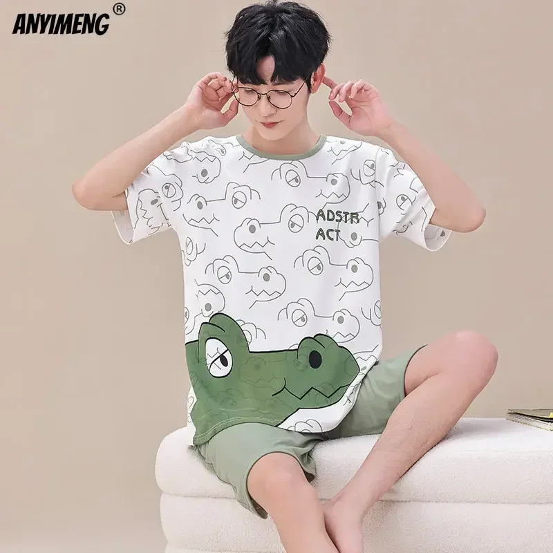 Plus Size L-4XL Men's Pajamas Sets Knitted Cotton Summer Shorts Loose Pijamas for Men Fashion Mens Sleepwear Cartoon Homewear