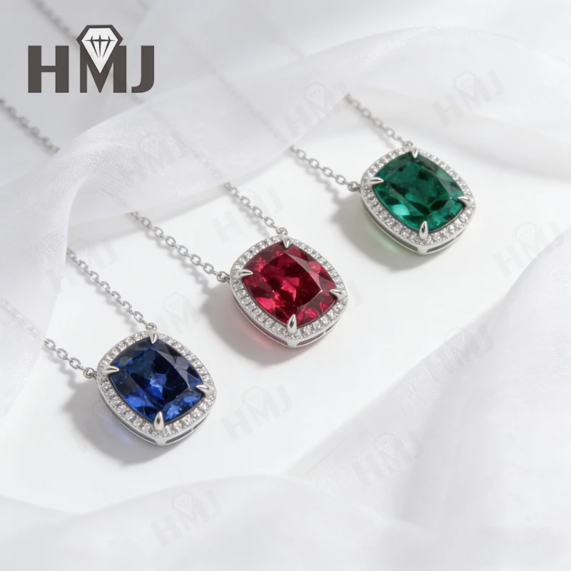 

925 Sterling Silver Necklace Lab Grown Columbia Emerald Ruby Sapphire Cushion Cut Pendant Fine Jewelry Gift for Her Anniversary
