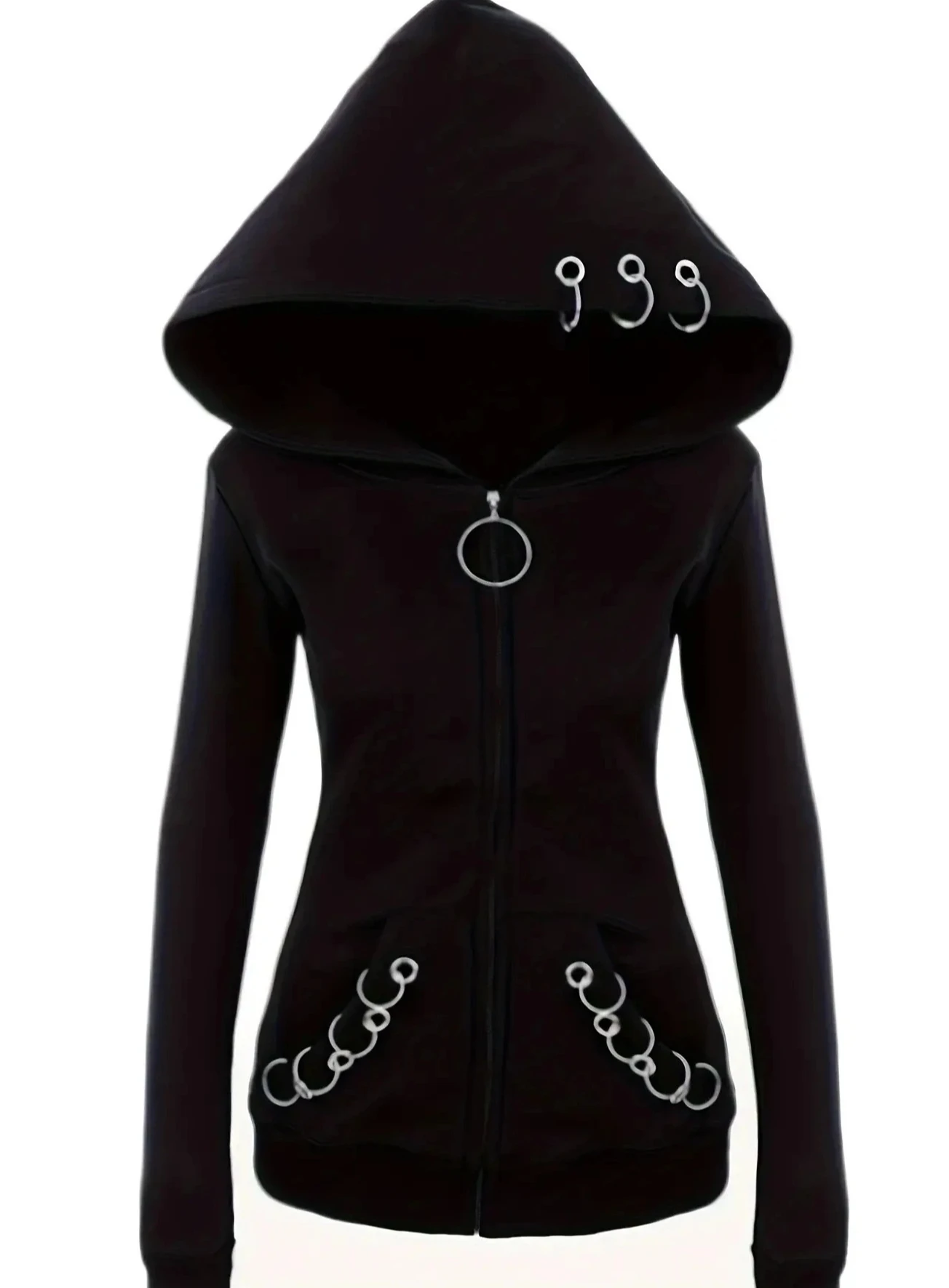 المرأة القوطية البريدي هوديي الشرير كامل البريدي الصلبة الأسود طويلة الأكمام مقنعين البلوز خمر التطريز الشارع الشهير كل موسم عارضة #4