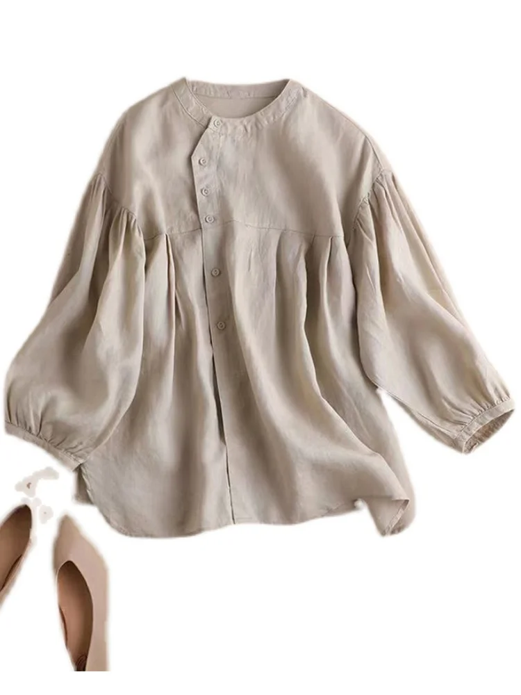 Damen-Laterne Sve irt Baumwoll-Leinen-Puppe irt Nine Sve Länge, normale Version, lockere Passform, rundes Ne-Knopfdetail