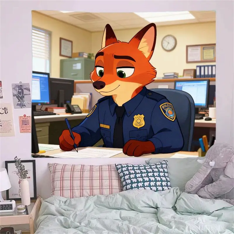 1PC Zootopia Nick Wilde Fox Polizei Wandteppich Moderne Cartoon Anime Wand Kunst Polyester Dekor Wohnzimmer Schlafzimmer Geschenk für Fans