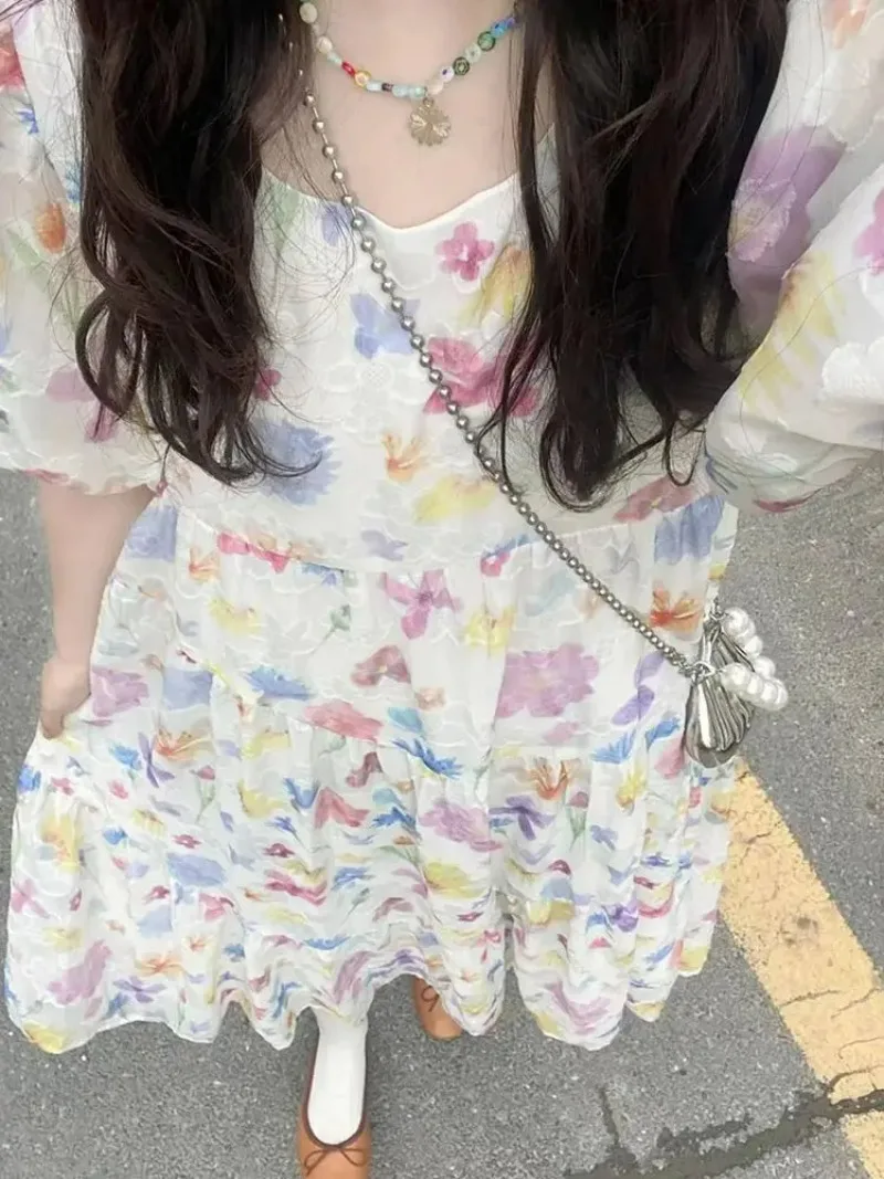 2025 新しい夏の甘い Y2k ドレス女性スーパー妖精気質バブルスリーブ花柄ドレス女性スリムガール服