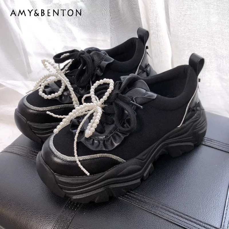 2025 Autumn Japanese Ruffled Comfortable Detachable Pearl Bow Lace-Up Thick-Soled Sneakers Lolita Sweet Casual High Heels Women