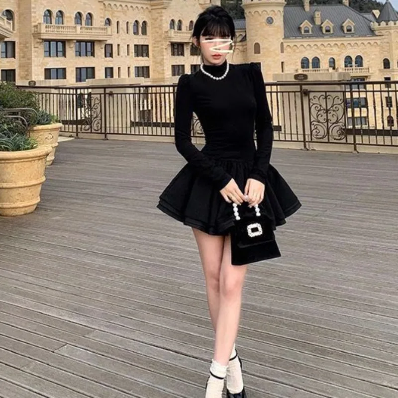 Long Sleeve Dresses Women Autumn Winter Ball Gown Knitting All-match Slim-fit Solid Turtleneck High Waist Elegant Casual Soft