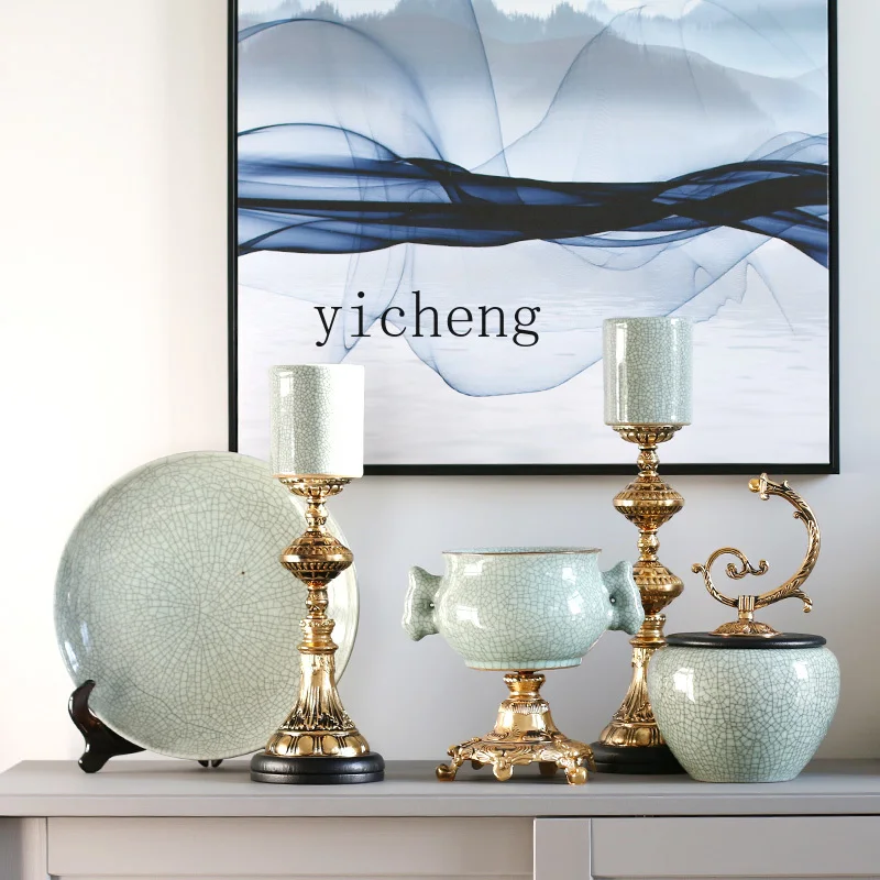 

ZC European-style ornament decorative plate candle holder sample room luxury high-grade ceramic crack gold-painted vase