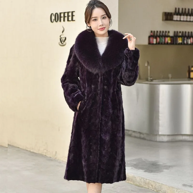 2026 Hot Selling Fashion Winter Imported Mink Fur Coat Female Real Mink Fur Mid-length Fox Fur Collar High Quality Fur Coat