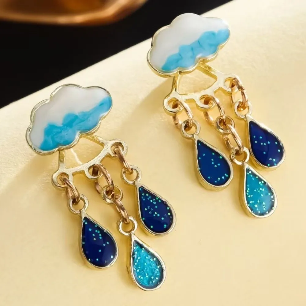Alloy Cloud Glitter Earrings Exquisite Design Resin Raindrop Drop Earrings Blue Color Mini Size Dangle Earrings Birthday Gift