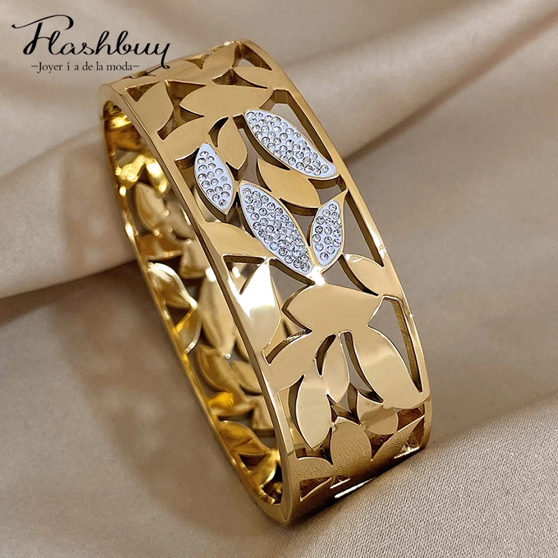 Chunky Trend Stainless Steel Metal Inlay Rhinestones Hollow Leaves Wide Bracelet Bangle For Women Thick Waterproof Wrist Jewelry