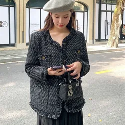 Lady Loose Coarse Woolen Top Spring Autumn Female Round Neck Wool Blend Coat Korean Women Long Sleeves Overcoat 