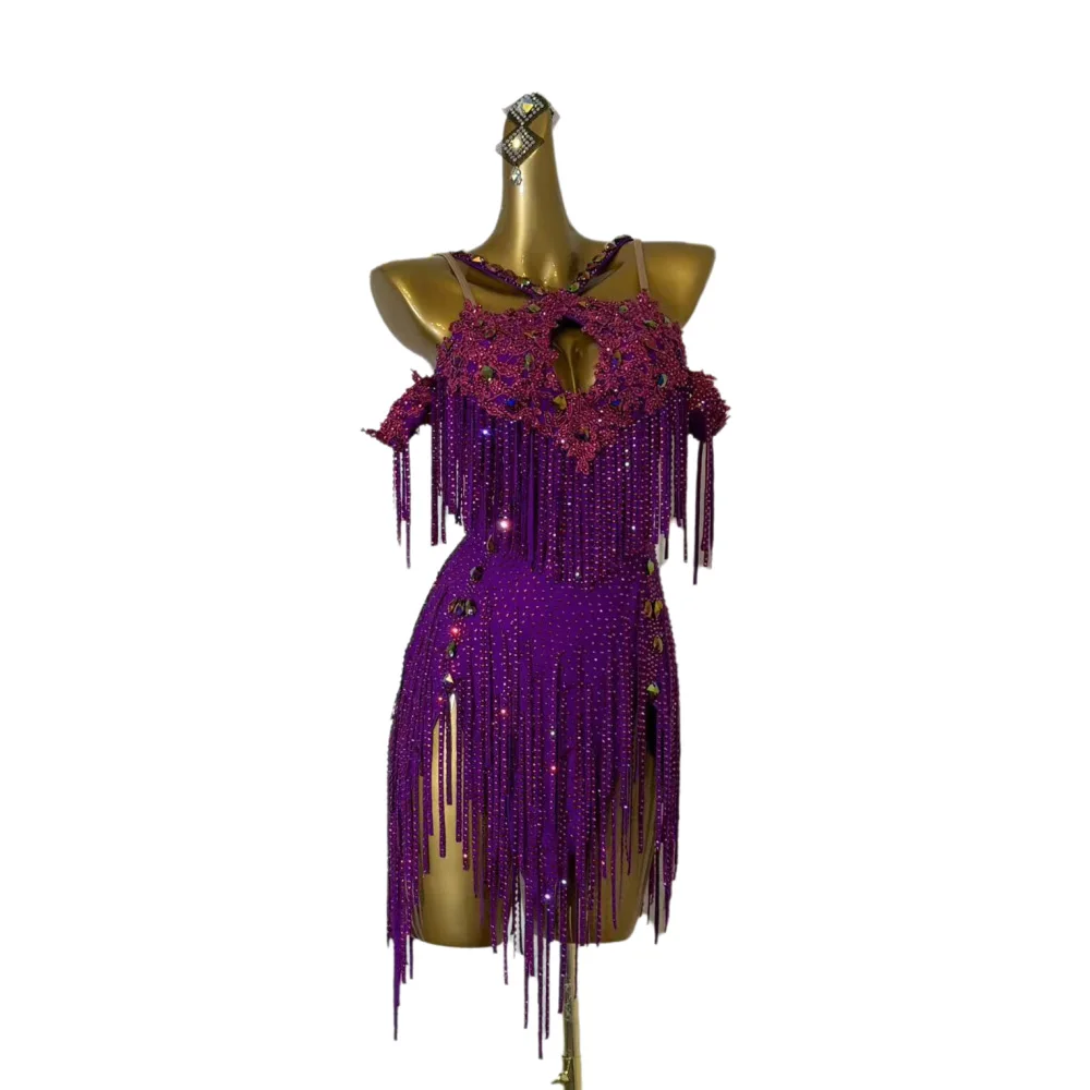 Robe de danse latine AB Stone pour femmes et enfants, haut de gamme, personnalisée, violette, brodée, noire, robe de spectacle de piscine Samba