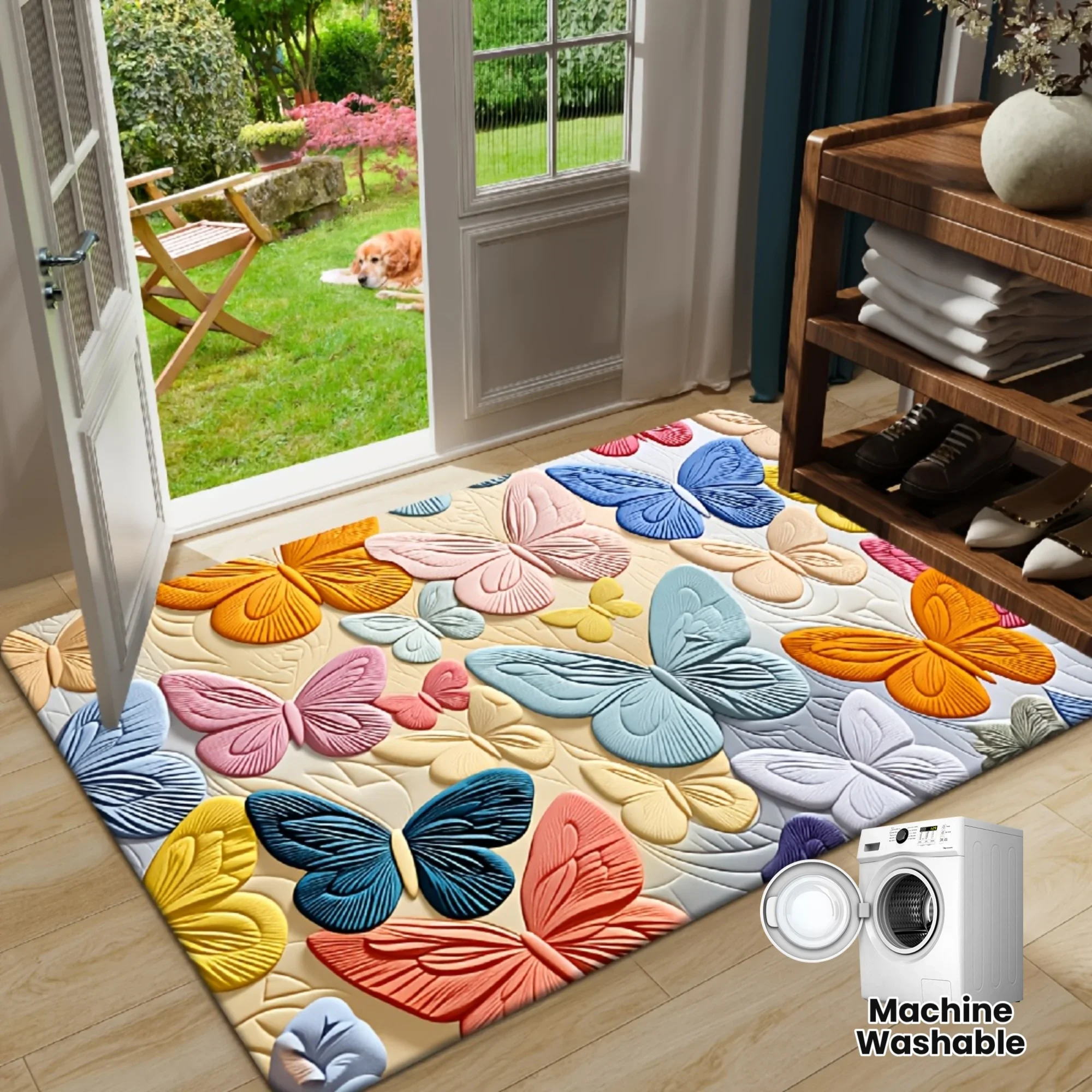 1pc 2D Flat Colorful 3D Embossed Butterflies Flannel Area Rug Non Slip Machine Washable Carpet For Living RoomBedroom FloorDecor