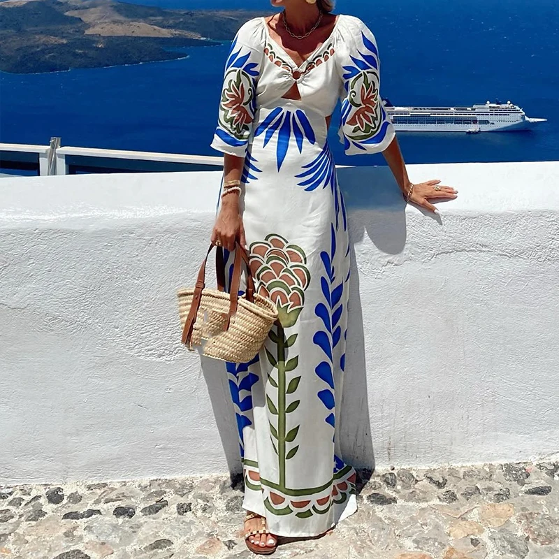 Moda impressão oco para fora vestido de praia novo sexy com decote em v cintura férias vestido longo feminino elegante sem costas rendas bohe vestido de festa