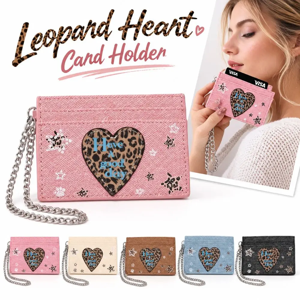 New Leopard Heart Card Holder with Chain Strap Multifunctional Card Case Star Print Credit Card Holder Gifts