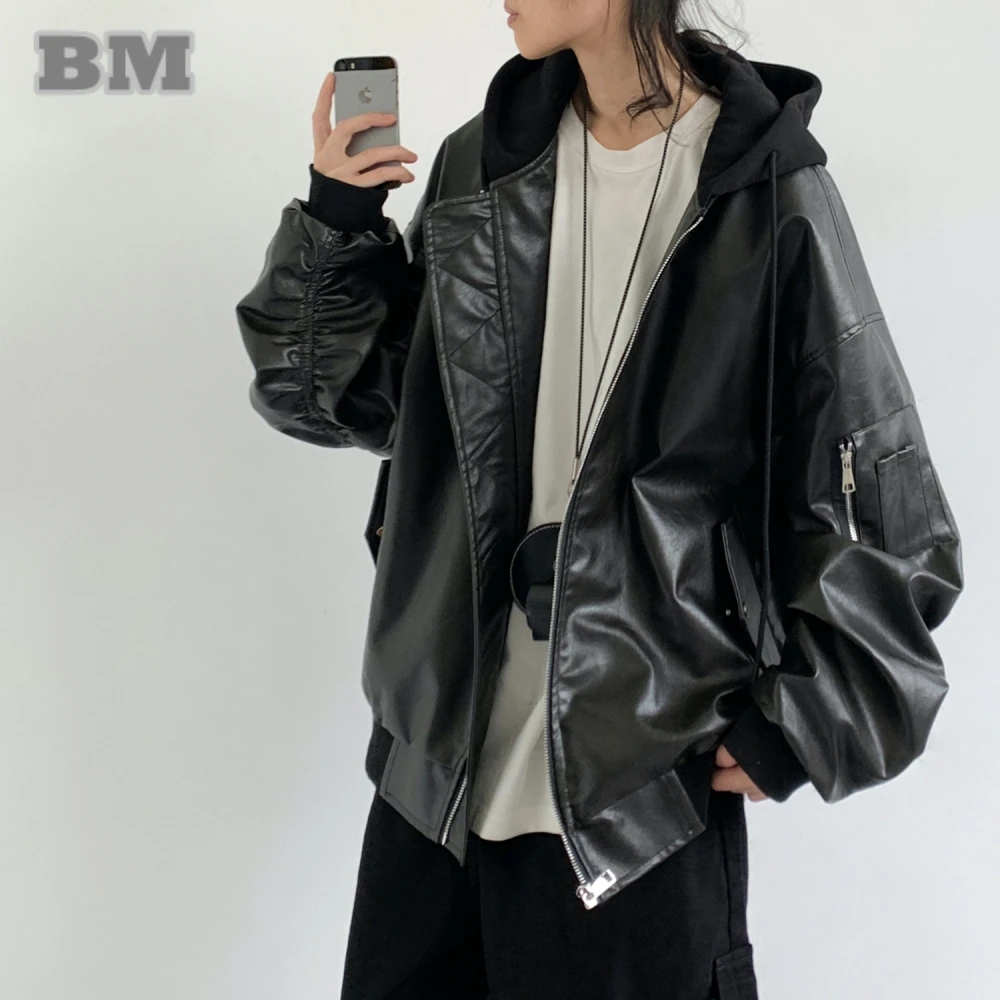 Japanese Vintage Motorcycle Leather Jacket Men Streetwear High Quality Black Hooded Bomber Jacket Harajuku Casual Coat Male