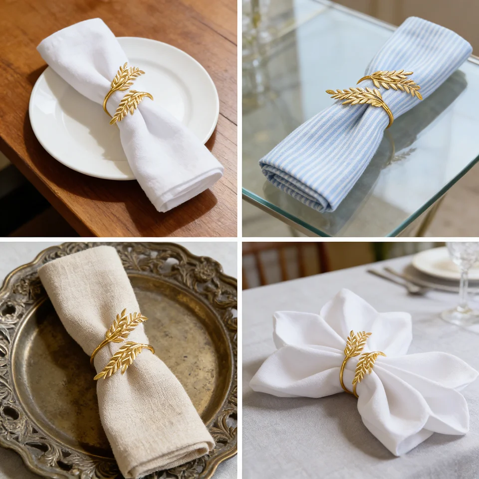 

4Pcs Gold Leaf Napkin Rings Holder Plated Alloy Table Setting for Christmas Wedding Birthday Party Decor
