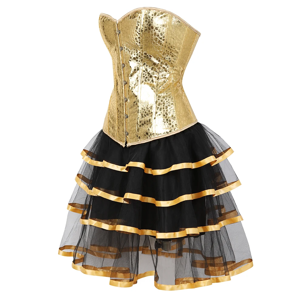 Gold Corset Dress Bustier Top With Skirt Tutu Steampunk Faux Leather Overbust Lingerie Plus Size Body Shaper Lace Up Corselet