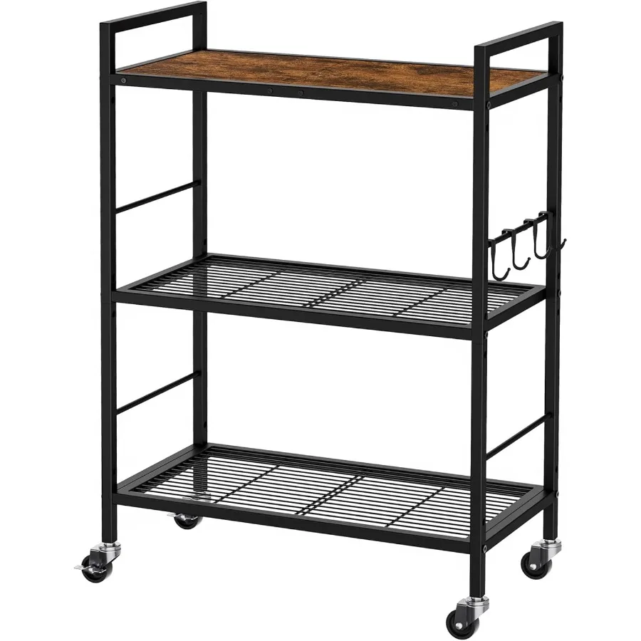 

3Tier Metal Storage Rack with Industrial WheelsMesh Shelving Unit with Wooden Table top Adjustable Shelf 23.6Inch Width for Kit