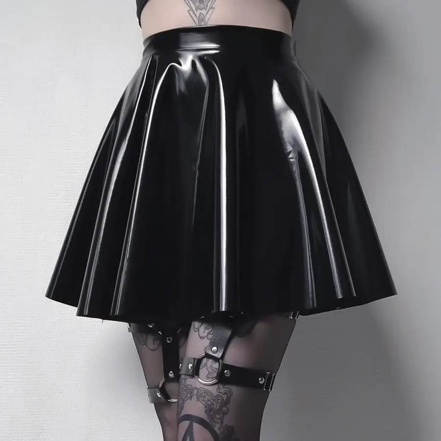 Women Shiny  Patent Leather Pleated Mini Skirt High Waist A Line Wet Look Flared Skirt Gothic Clubwear Party Short Skirt